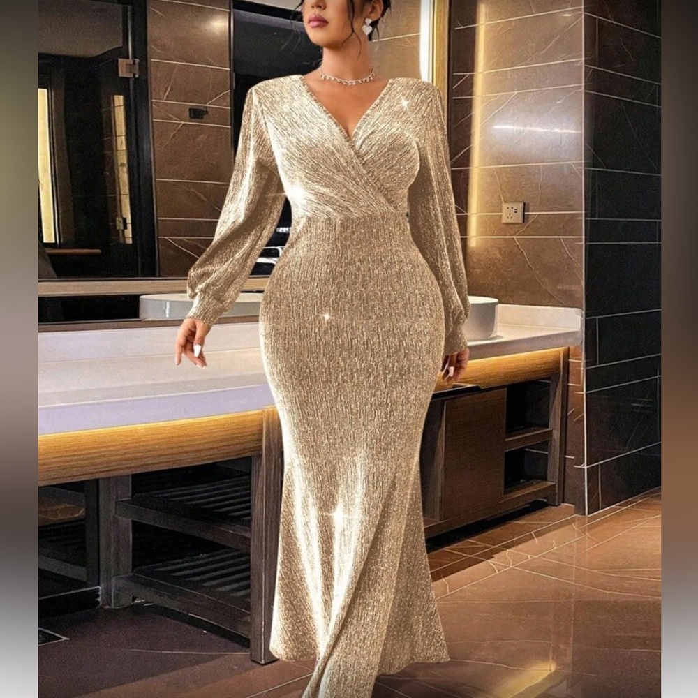 Luxe plus lantern sleeve shimmering  sequins party formal evening prom dress - Picture 5 of 8